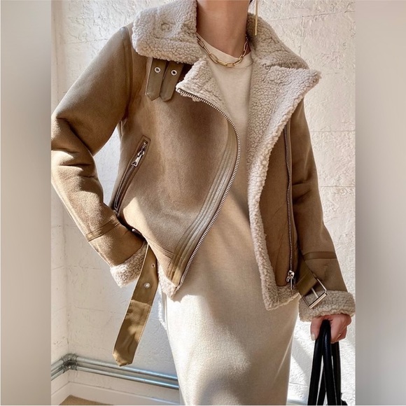 Zara Tan Teddy Jacket with Shearling Collar - Picture 4 of 12